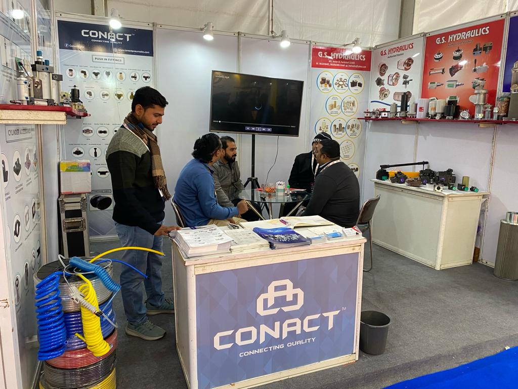 GS Hydraulics exhibition stall with products on display